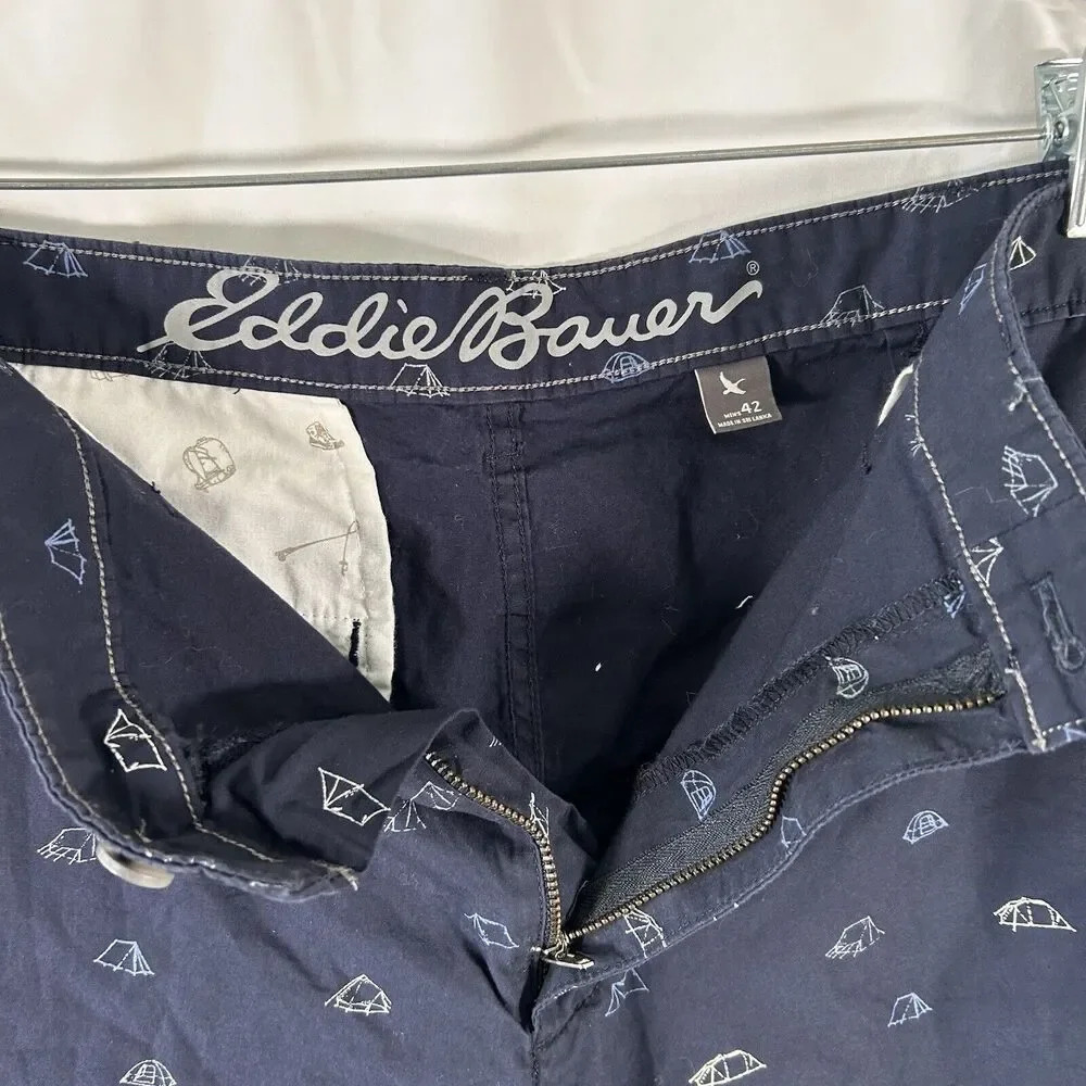 Eddie Bauer Shorts Mens 42 Navy Blue Camping Theme Pockets 100% Cotton - Picture 6 of 10